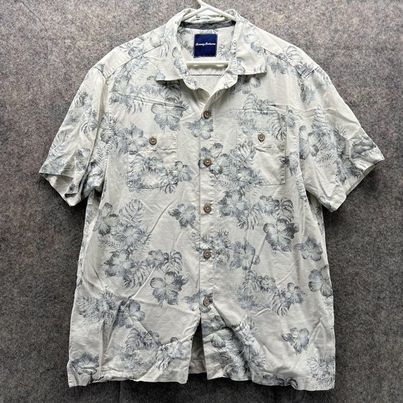 Tommy Bahamas Shirt Men Large White Blue Casual Button Down Pocket Silk Floral - Picture 1 of 13